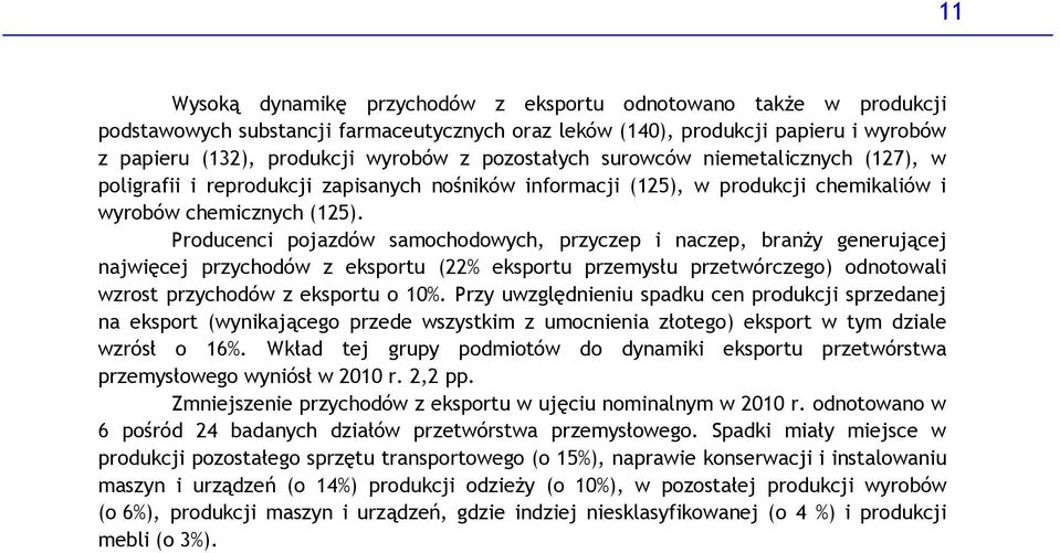 Producenci pojazdów samochodowych, przyczep i naczep, branży generującej najwięcej przychodów z eksportu (22% eksportu przemysłu przetwórczego) odnotowali wzrost przychodów z eksportu o 1%.