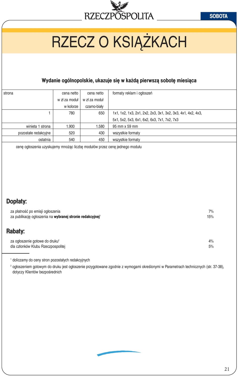 580 95 mm x 59 mm pozostałe redakcyjne 520 430 wszystkie formaty ostatnia 540 450 wszystkie formaty cenę ogłoszenia uzyskujemy mnożąc liczbę modułów przez cenę jednego modułu Dopłaty: za płatność po