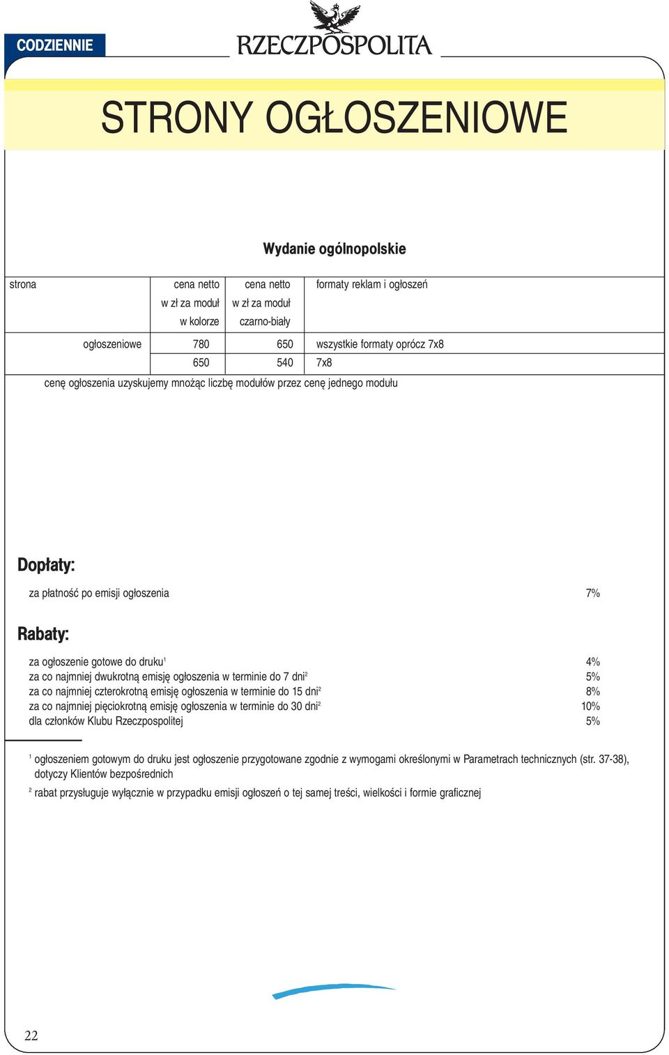 1 4% za co najmniej dwukrotną emisję ogłoszenia w terminie do 7 dni 2 5% za co najmniej czterokrotną emisję ogłoszenia w terminie do 15 dni 2 8% za co najmniej pięciokrotną emisję ogłoszenia w