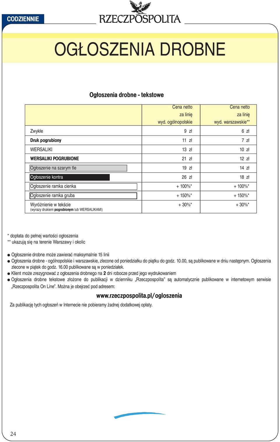 cienka + 100%* + 100%* Ogłoszenie ramka gruba + 150%* + 150%* Wyróżnienie w tekście + 30%* + 30%* (wyrazy drukiem pogrubionym lub WERSALIKAMI) * dopłata do pełnej wartości ogłoszenia ** ukazują się