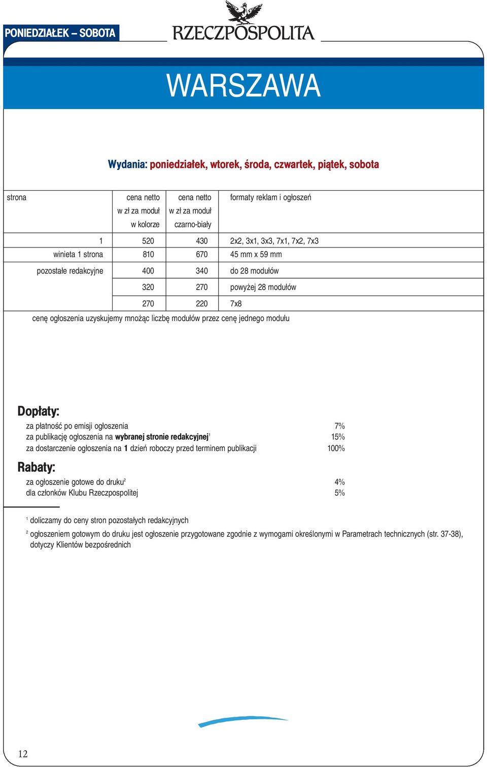 modułów przez cenę jednego modułu Dopłaty: za płatność po emisji ogłoszenia 7% za publikację ogłoszenia na wybranej stronie redakcyjnej 1 15% za dostarczenie ogłoszenia na 1 dzień roboczy przed