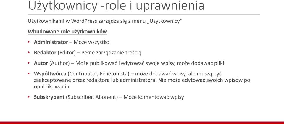 wpisy, może dodawać pliki Współtwórca (Contributor, Felietonista) może dodawać wpisy, ale muszą być zaakceptowane przez