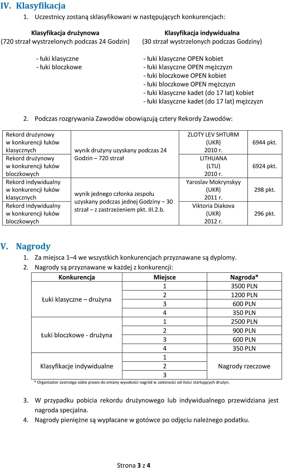 strzał wystrzelonych podczas Godziny) - łuki klasyczne OPEN kobiet - łuki klasyczne OPEN mężczyzn - łuki bloczkowe OPEN kobiet - łuki bloczkowe OPEN mężczyzn - łuki klasyczne kadet (do 17 lat) kobiet