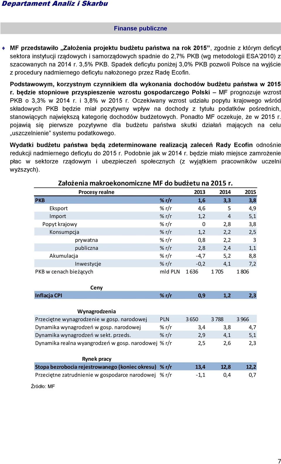 Podstawowym, korzystnym czynnikiem dla wykonania dochodów budżetu państwa w 15 r. będzie stopniowe przyspieszenie wzrostu gospodarczego Polski MF prognozuje wzrost PKB o, w 1 r. i,8 w 15 r.