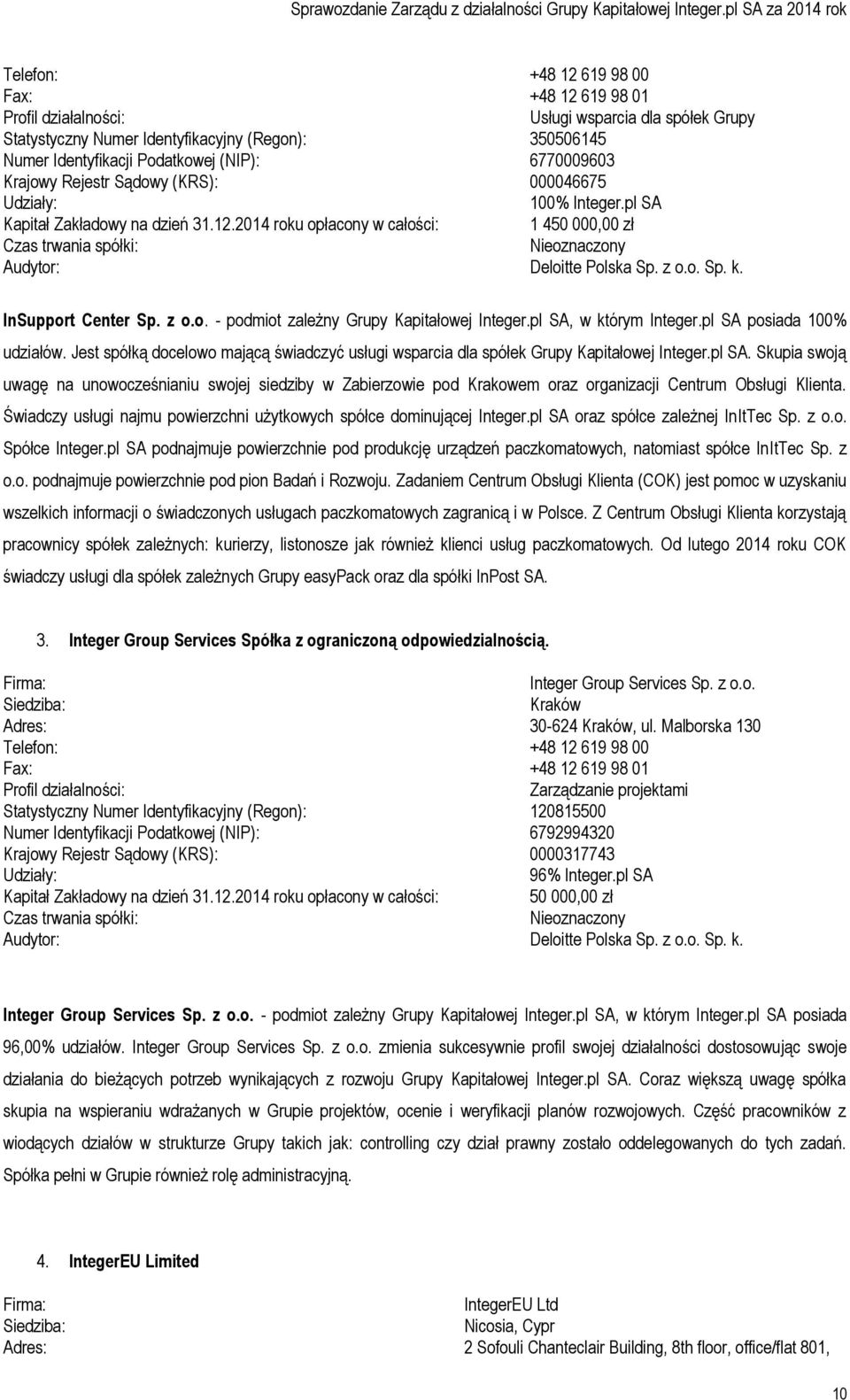 2014 roku opłacony w całości: 1 450 000,00 zł Czas trwania spółki: Nieoznaczony Audytor: Deloitte Polska Sp. z o.o. Sp. k. InSupport Center Sp. z o.o. - podmiot zależny Grupy Kapitałowej Integer.