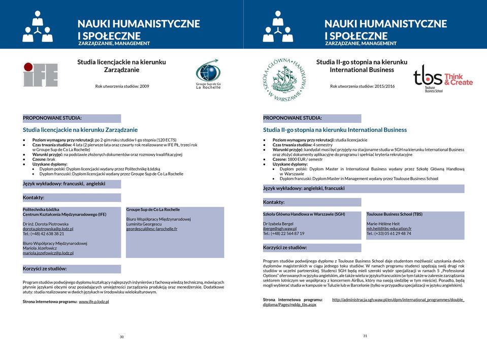 PŁ, trzeci rok w Groupe Sup de Co La Rochelle) Warunki przyjęć: na podstawie złożonych dokumentów oraz rozmowy kwalifikacyjnej Czesne: brak Dyplom polski: Dyplom licencjacki wydany przez Politechnikę