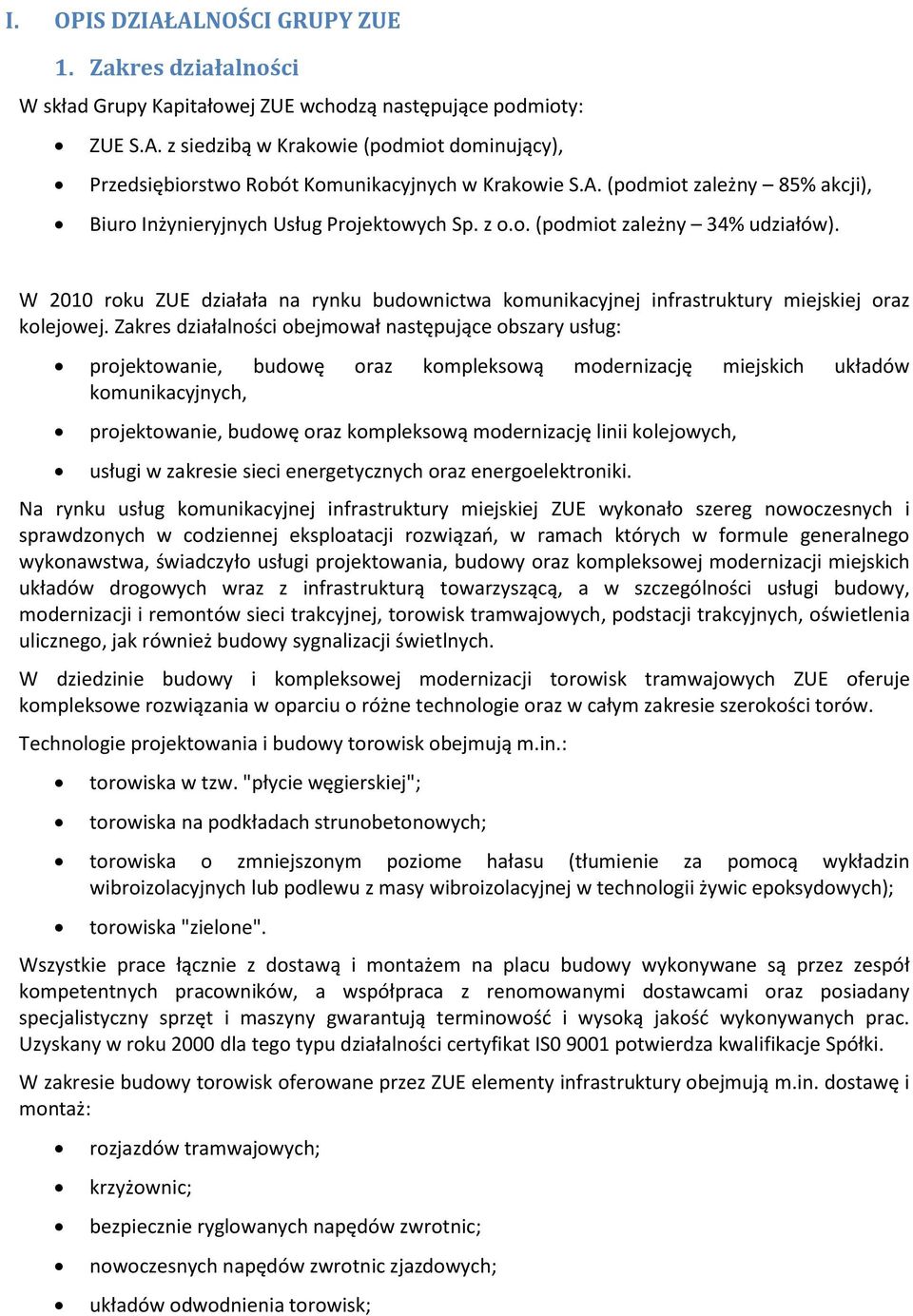 W 2010 roku ZUE działała na rynku budownictwa komunikacyjnej infrastruktury miejskiej oraz kolejowej.