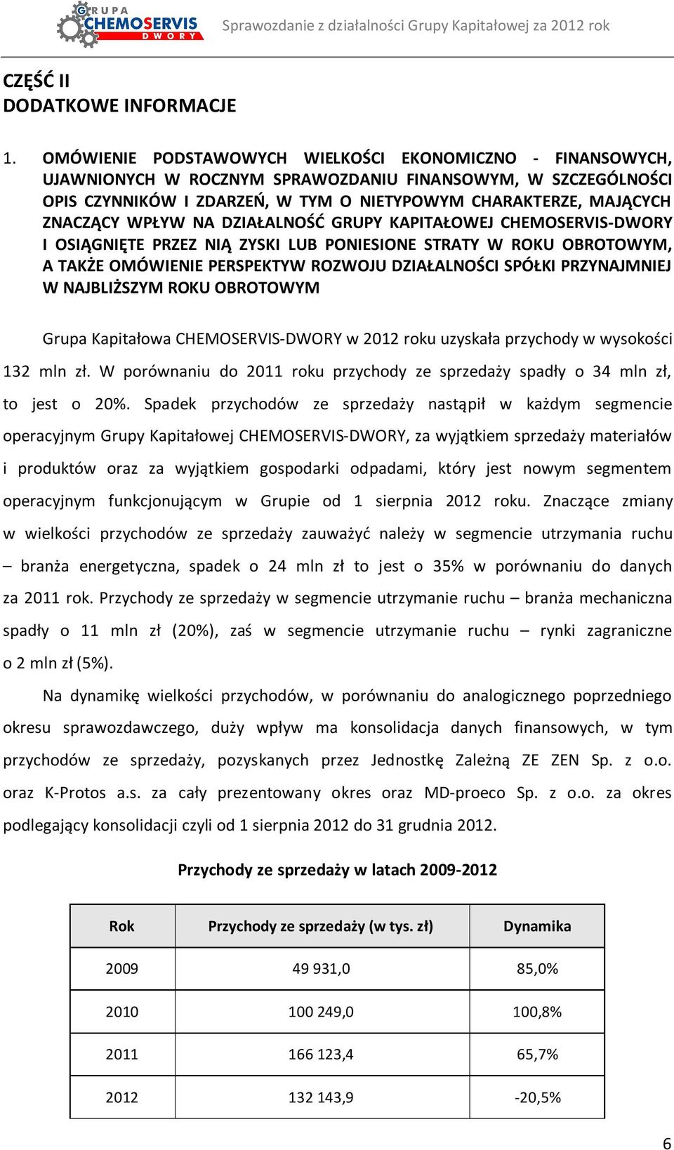 WPŁYW NA DZIAŁALNOŚĆ GRUPY KAPITAŁOWEJ CHEMOSERVIS-DWORY I OSIĄGNIĘTE PRZEZ NIĄ ZYSKI LUB PONIESIONE STRATY W ROKU OBROTOWYM, A TAKŻE OMÓWIENIE PERSPEKTYW ROZWOJU DZIAŁALNOŚCI SPÓŁKI PRZYNAJMNIEJ W