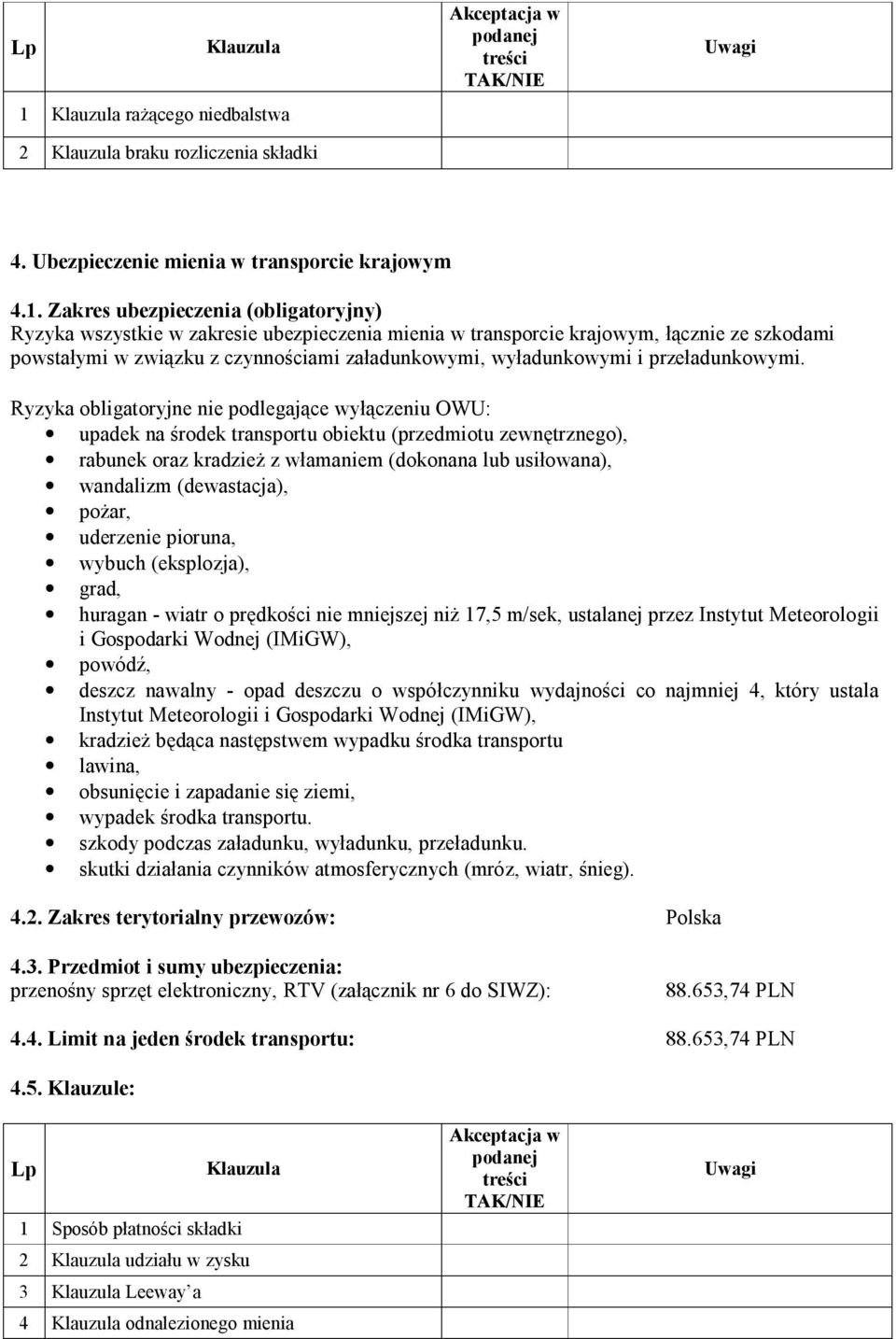 Zakres ubezpieczenia (obligatoryjny) Ryzyka wszystkie w zakresie ubezpieczenia mienia w transporcie krajowym, łącznie ze szkodami powstałymi w związku z czynnościami załadunkowymi, wyładunkowymi i