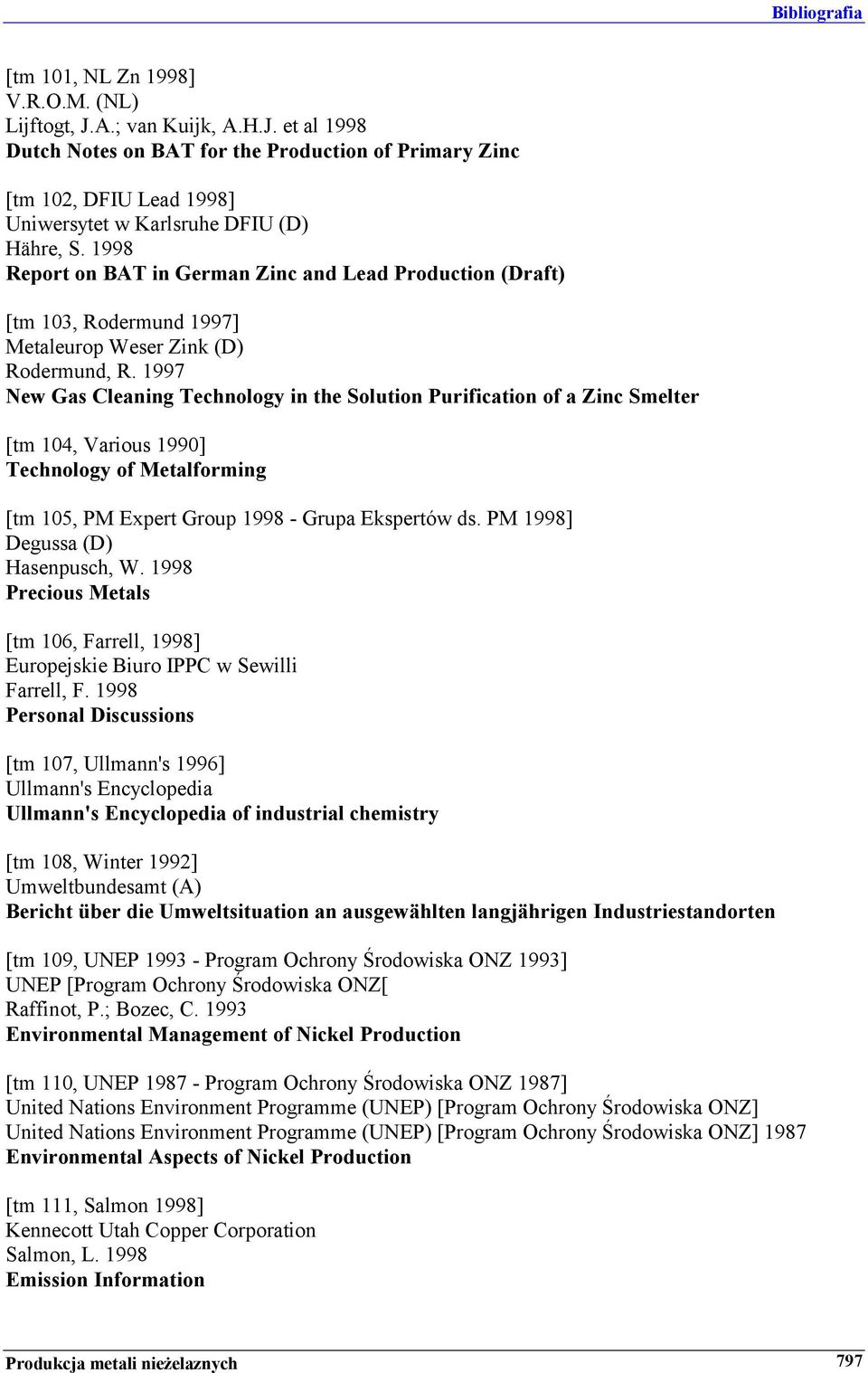 1997 New Gas Cleaning Technology in the Solution Purification of a Zinc Smelter [tm 104, Various 1990] Technology of Metalforming [tm 105, PM Expert Group 1998 - Grupa Ekspertów ds.