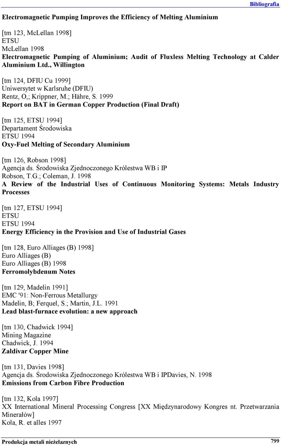 1999 Report on BAT in German Copper Production (Final Draft) [tm 125, ETSU 1994] Departament Środowiska ETSU 1994 Oxy-Fuel Melting of Secondary Aluminium [tm 126, Robson 1998] Agencja ds.