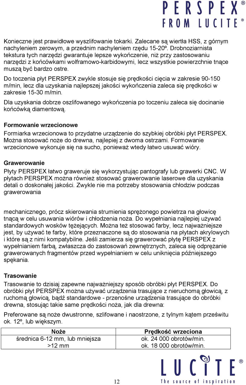 Do toczenia płyt PERSPEX zwykle stosuje się prędkości cięcia w zakresie 90-150 m/min, lecz dla uzyskania najlepszej jakości wykończenia zaleca się prędkości w zakresie 15-30 m/min.