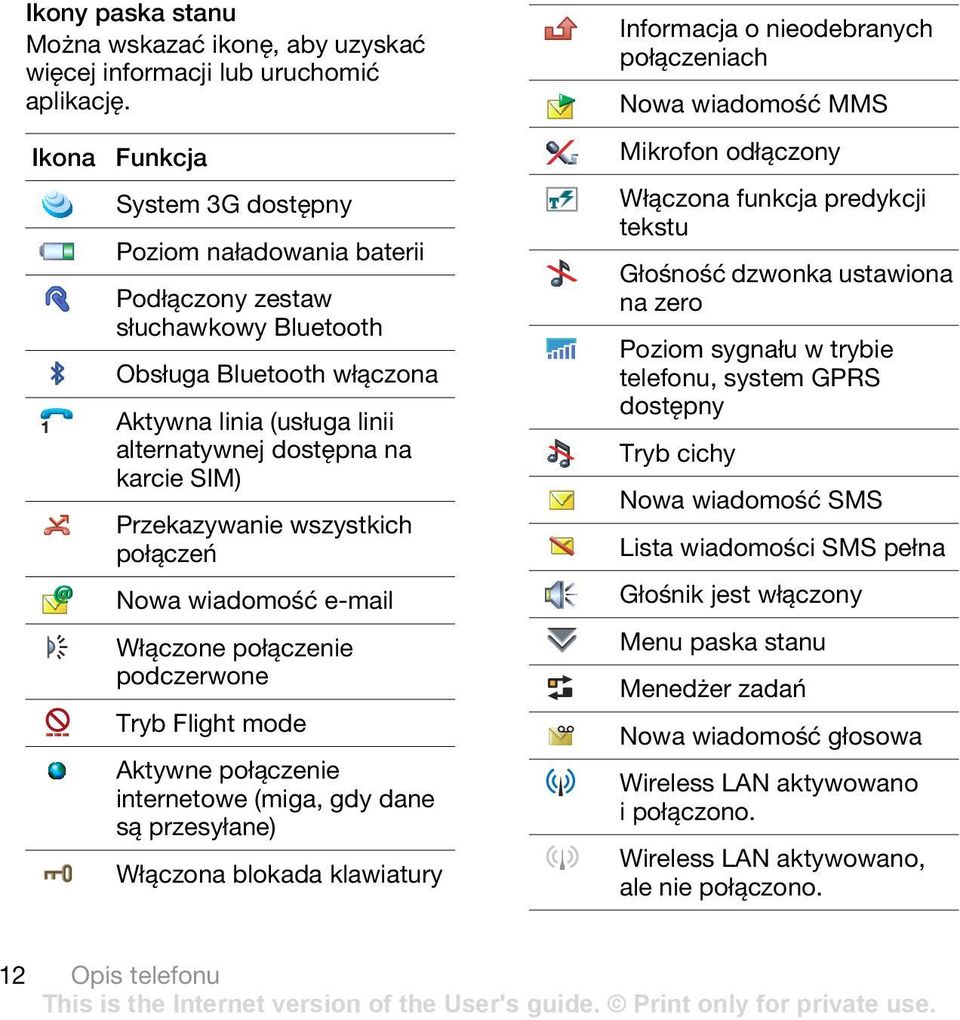 Przekazywanie wszystkich połączeń Nowa wiadomość e-mail Włączone połączenie podczerwone Tryb Flight mode Aktywne połączenie internetowe (miga, gdy dane są przesyłane) Włączona blokada klawiatury