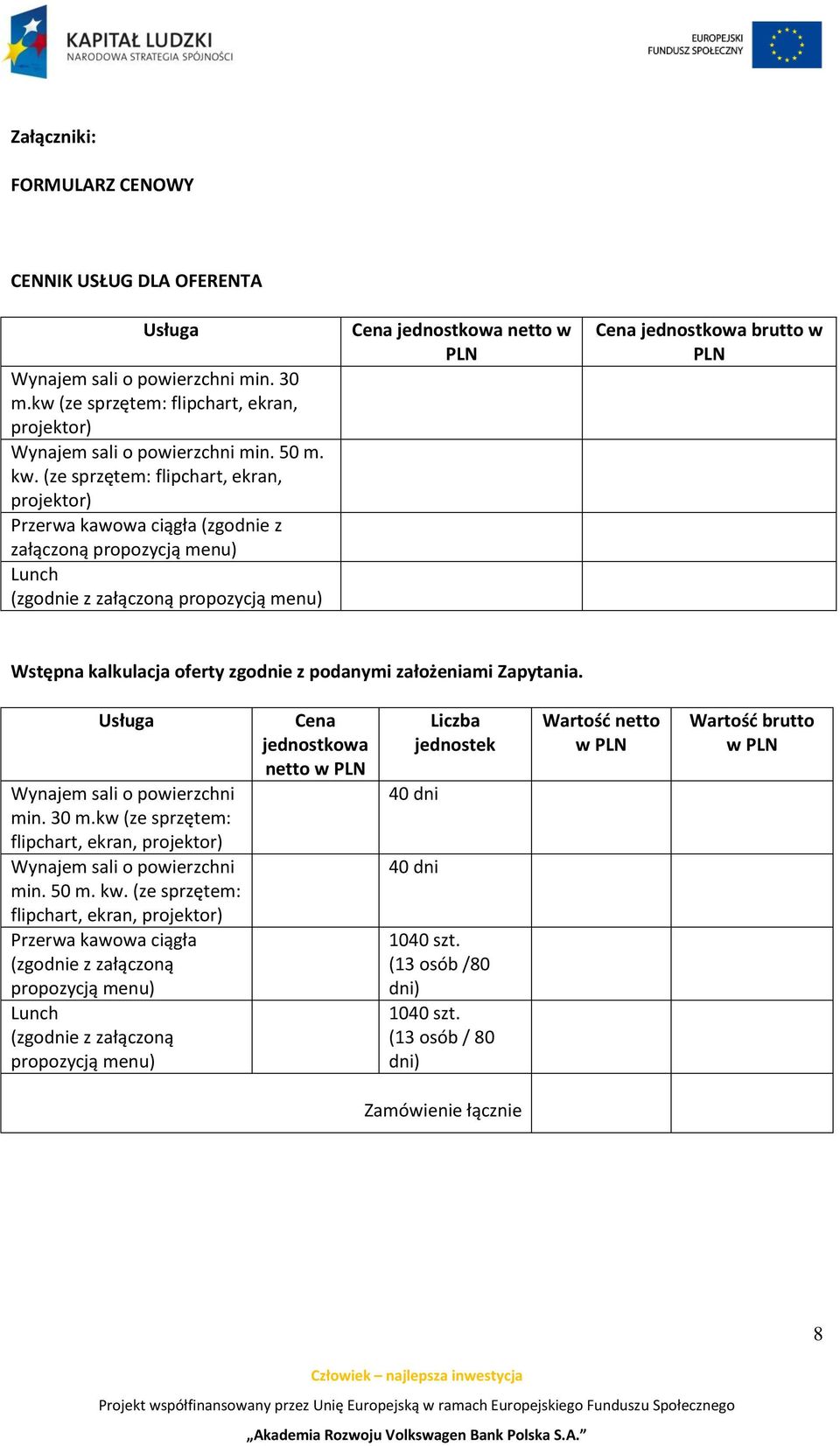 w PLN Wstępna kalkulacja oferty zgodnie z podanymi założeniami Zapytania. Usługa Wynajem sali o powierzchni min. 30 m.kw (ze sprzętem: flipchart, ekran, projektor) Wynajem sali o powierzchni min.