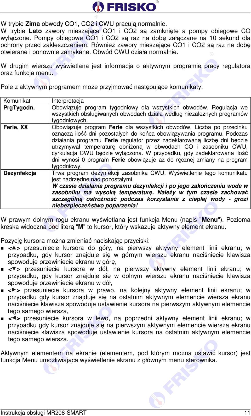 Obwód CWU działa normalnie. W drugim wierszu wyświetlana jest informacja o aktywnym programie pracy regulatora oraz funkcja menu.