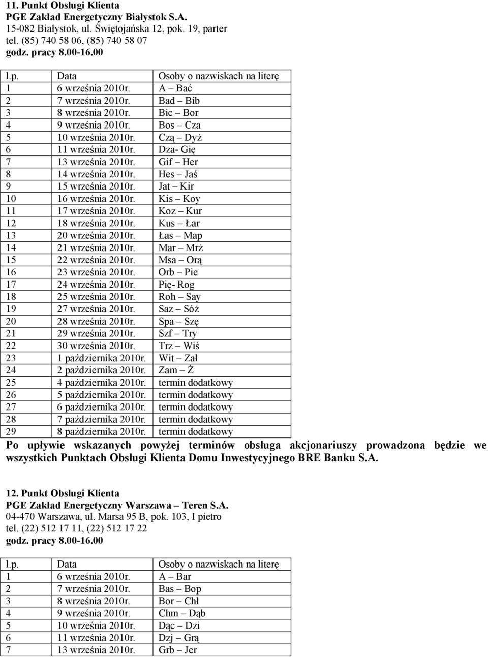 Hes Jaś 9 15 września 2010r. Jat Kir 10 16 września 2010r. Kis Koy 11 17 września 2010r. Koz Kur 12 18 września 2010r. Kus Łar 13 20 września 2010r. Łas Map 14 21 września 2010r.