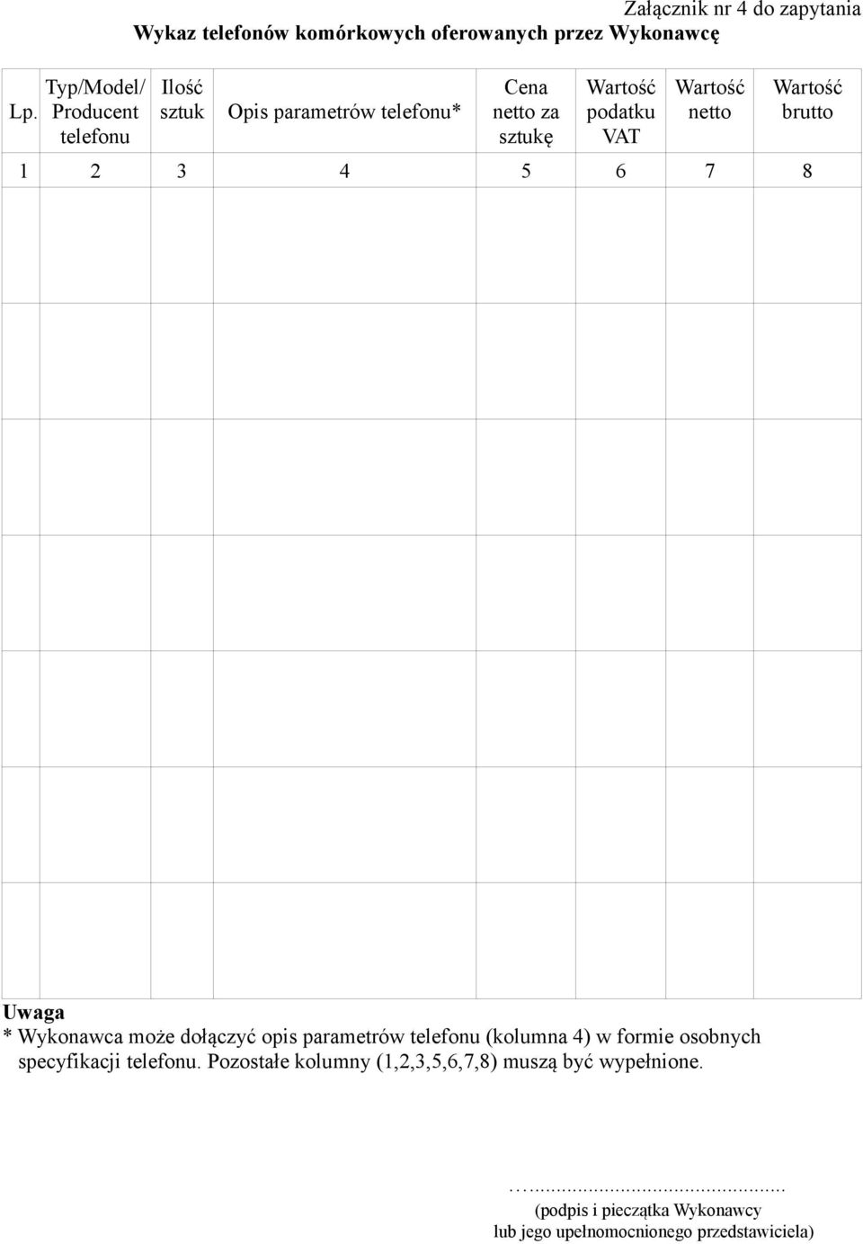 7 8 Uwaga * Wykonawca może dołączyć opis parametrów telefonu (kolumna 4) w formie osobnych specyfikacji telefonu.