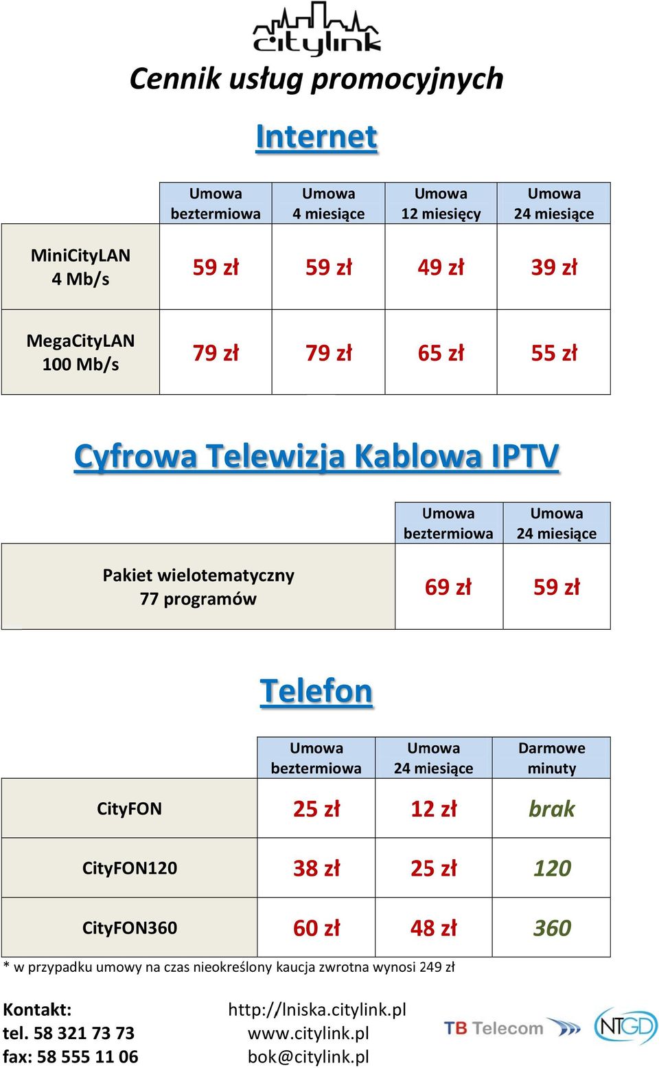 wielotematyczny 77 programów U 69 59 Telefon Darmowe minuty CityFON 25 122 brak CityFON120