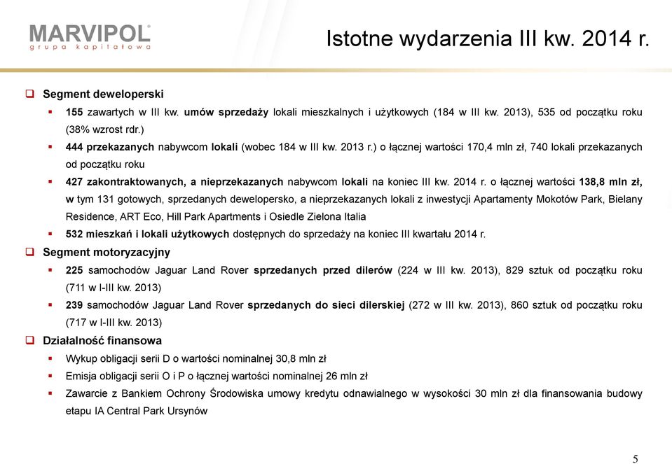 ) o łącznej wartości 17,4 mln zł, 74 lokali przekazanych od początku roku 427 zakontraktowanych, a nieprzekazanych nabywcom lokali na koniec III kw. 214 r.