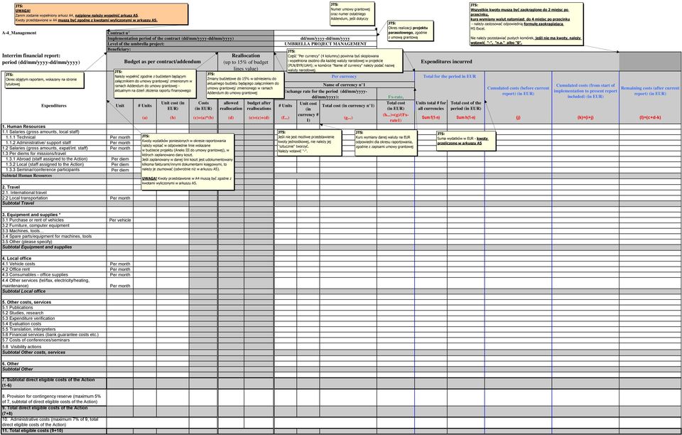 raportem, wskazany na stronie tytułowej 1.1 Salaries (gross amounts, local staff) 1.1.1 Technical Per month 1.1.2 Administrative/ support staff Per month 1.2 Salaries (gross amounts, expat/int.