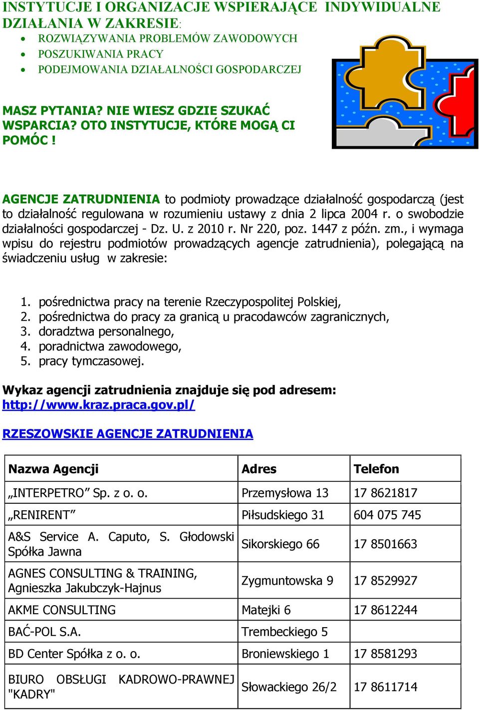 AGENCJE ZATRUDNIENIA to podmioty prowadzące działalność gospodarczą (jest to działalność regulowana w rozumieniu ustawy z dnia 2 lipca 2004 r. o swobodzie działalności gospodarczej - Dz. U. z 2010 r.