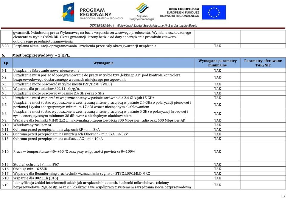 Most bezprzewodowy 2 KPL. Wymagane parametry 6.1. Urządzenie fabrycznie nowe, nieużywane 6.2. Urządzenie musi posiadać oprogramowanie do pracy w trybie tzw lekkiego AP pod kontrolą kontrolera bezprzewodowego dostarczonego w ramach niniejszego postępowania 6.