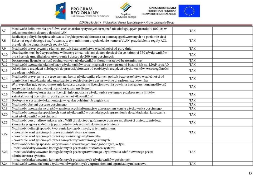 Realizacja polityki bezpieczeństwa w obrębie przedsiębiorstwa za pomocą egzekwowanych na poziomie sieci Ethernet reguł dostępu i szyfrowania, w tym minimum przydzielenie numeru VLAN, przydzielenie