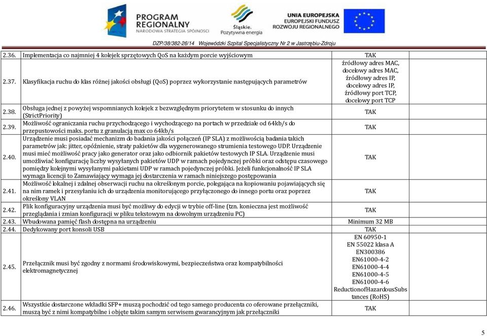 kolejek z bezwzględnym priorytetem w stosunku do innych 2.38. (StrictPriority) Możliwość ograniczania ruchu przychodzącego i wychodzącego na portach w przedziale od 64kb/s do 2.39.