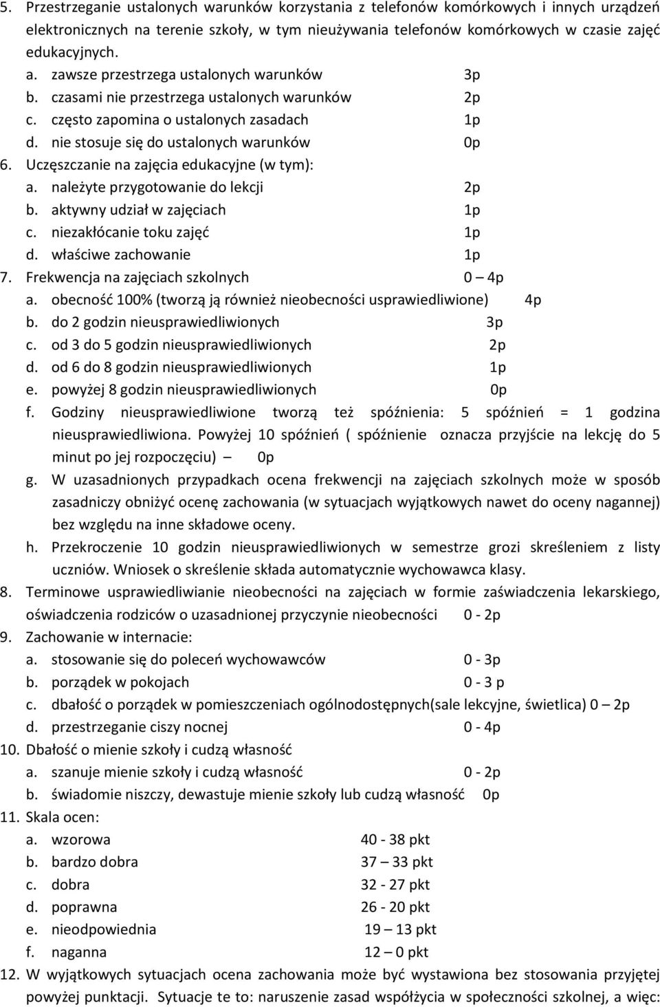 Uczęszczanie na zajęcia edukacyjne (w tym): a. należyte przygotowanie do lekcji 2p b. aktywny udział w zajęciach 1p c. niezakłócanie toku zajęć 1p d. właściwe zachowanie 1p 7.