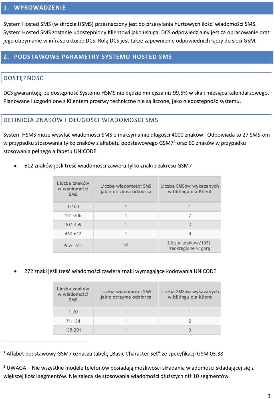 PODSTAWOWE PARAMETRY SYSTEMU HOSTED SMS DOSTĘPNOŚĆ DCS gwarantuję, że dostępność Systemu HSMS nie będzie mniejsza niż 99,5% w skali miesiąca kalendarzowego.