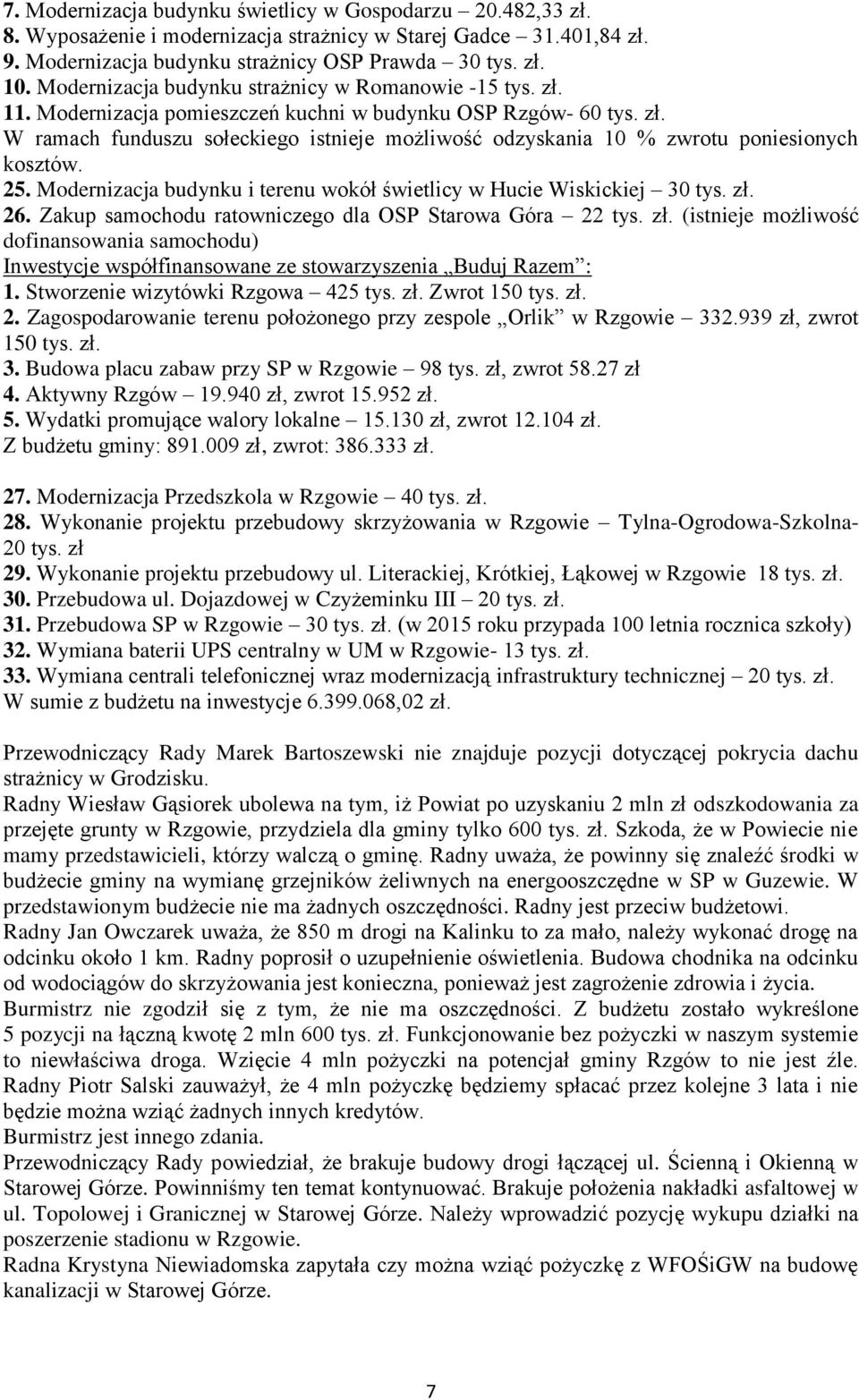 25. Modernizacja budynku i terenu wokół świetlicy w Hucie Wiskickiej 30 tys. zł. 26. Zakup samochodu ratowniczego dla OSP Starowa Góra 22 tys. zł. (istnieje możliwość dofinansowania samochodu) Inwestycje współfinansowane ze stowarzyszenia Buduj Razem : 1.