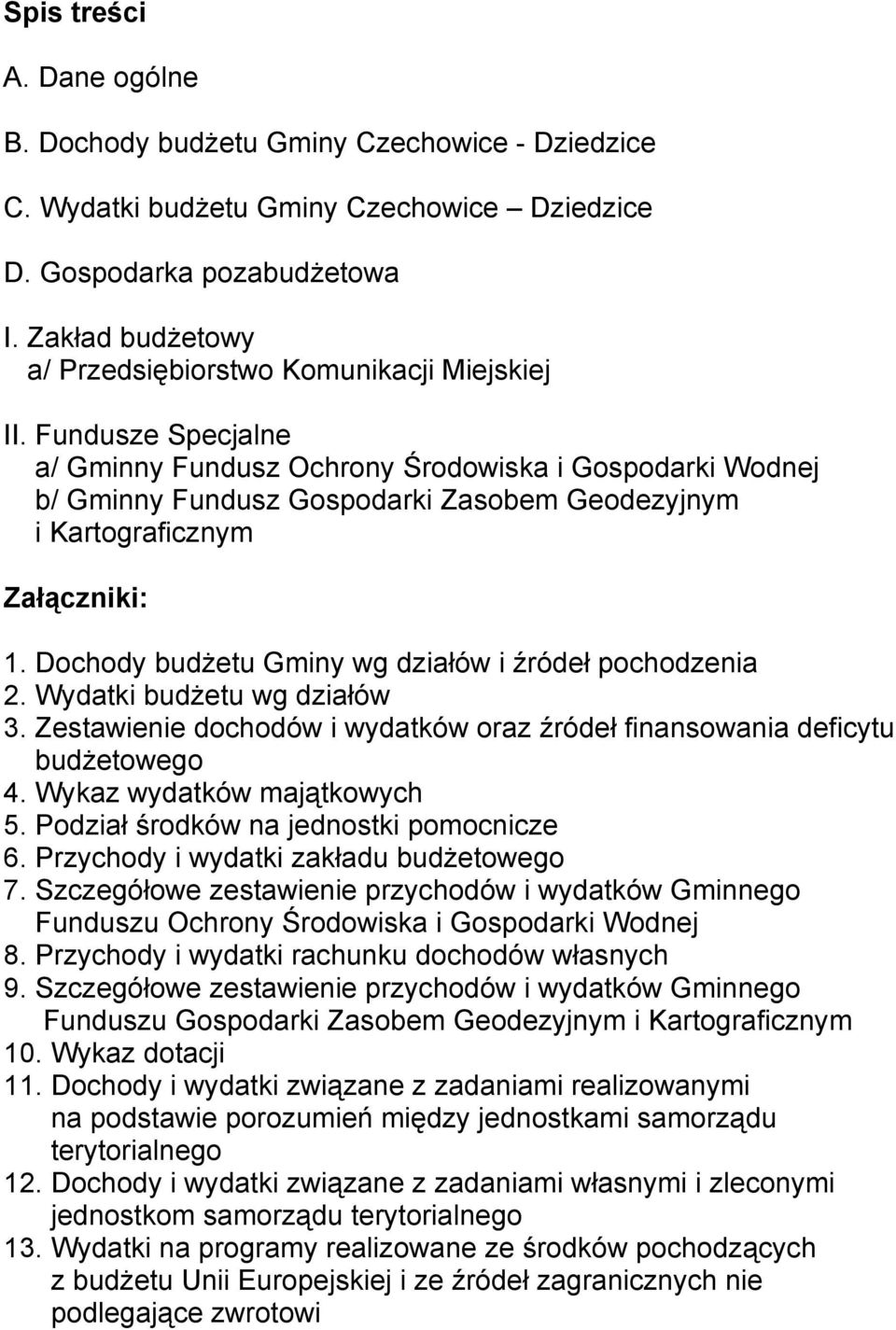 Fundusze Specjalne a/ Gminny Fundusz Ochrony Środowiska i Gospodarki Wodnej b/ Gminny Fundusz Gospodarki Zasobem Geodezyjnym i Kartograficznym Załączniki: 1.