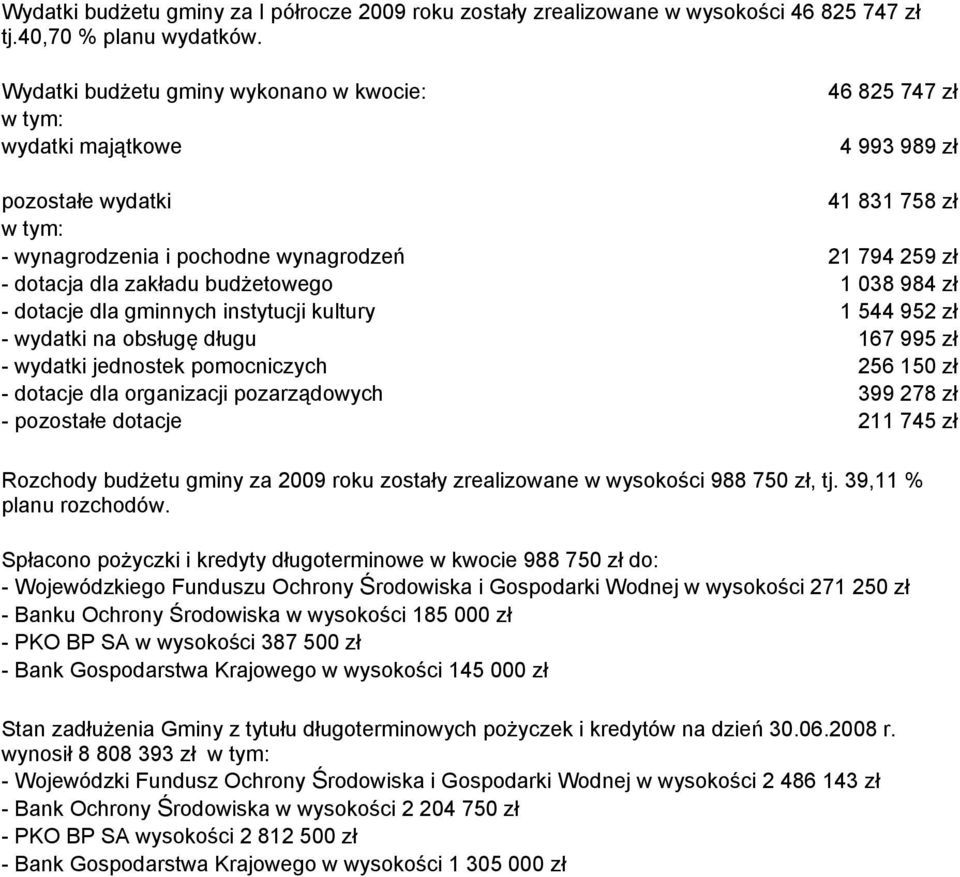 budżetowego 1 038 984 zł - dotacje dla gminnych instytucji kultury 1 544 952 zł - wydatki na obsługę długu 167 995 zł - wydatki jednostek pomocniczych 256 150 zł - dotacje dla organizacji