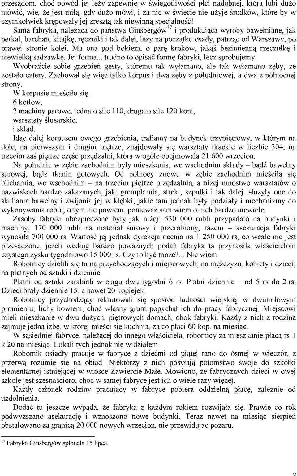 Sama fabryka, należąca do państwa Ginsbergów 17 i produkująca wyroby bawełniane, jak perkal, barchan, kitajkę, ręczniki i tak dalej, leży na początku osady, patrząc od Warszawy, po prawej stronie