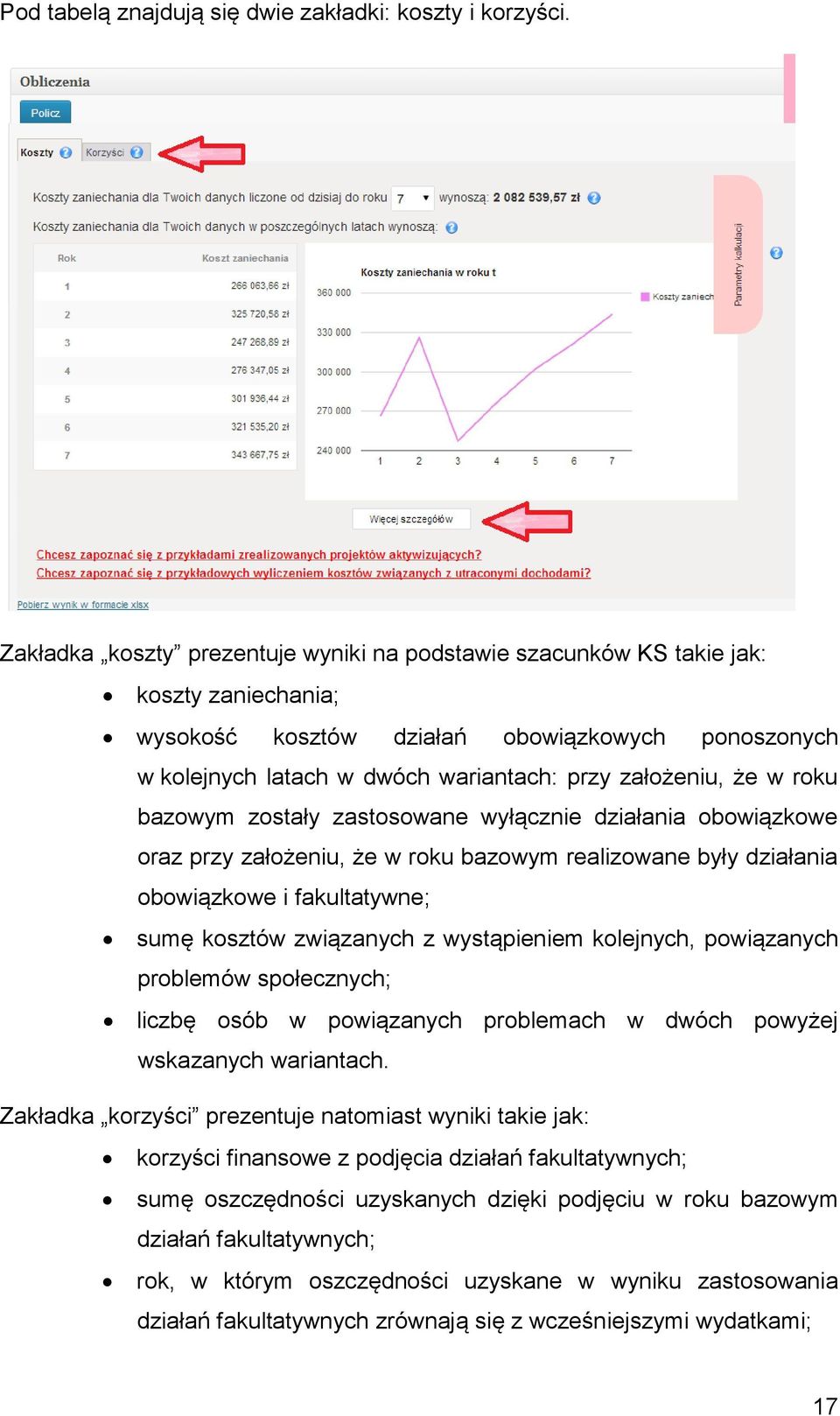 w roku bazowym zostały zastosowane wyłącznie działania obowiązkowe oraz przy założeniu, że w roku bazowym realizowane były działania obowiązkowe i fakultatywne; sumę kosztów związanych z wystąpieniem