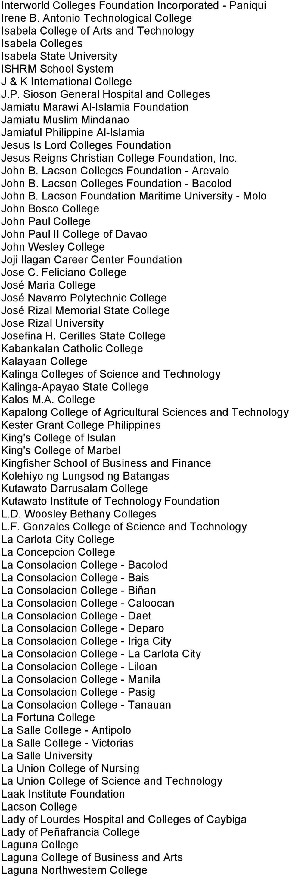 Sioson General Hospital and Colleges Jamiatu Marawi Al-Islamia Foundation Jamiatu Muslim Mindanao Jamiatul Philippine Al-Islamia Jesus Is Lord Colleges Foundation Jesus Reigns Christian College