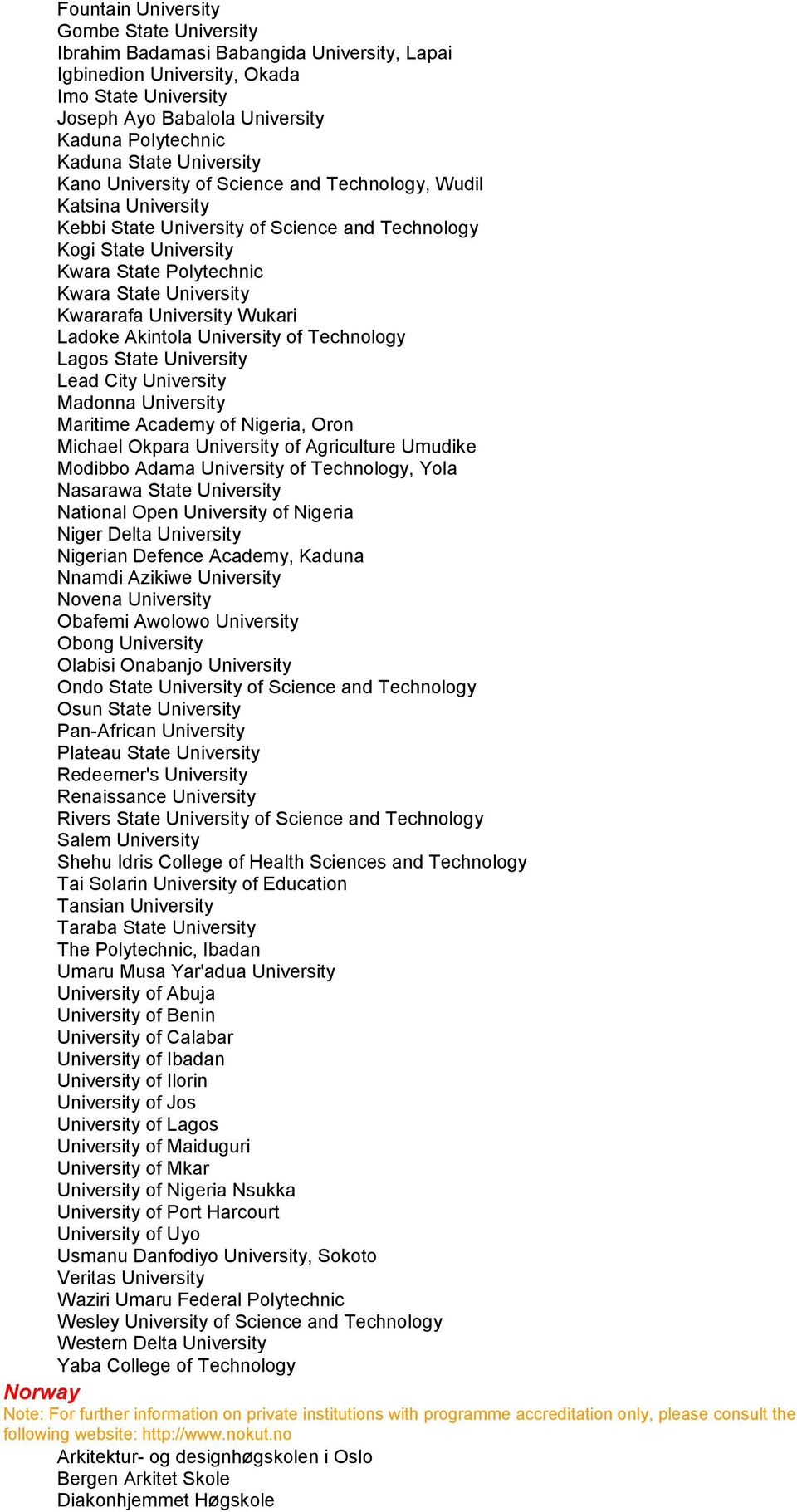 University Kwararafa University Wukari Ladoke Akintola University of Technology Lagos State University Lead City University Madonna University Maritime Academy of Nigeria, Oron Michael Okpara
