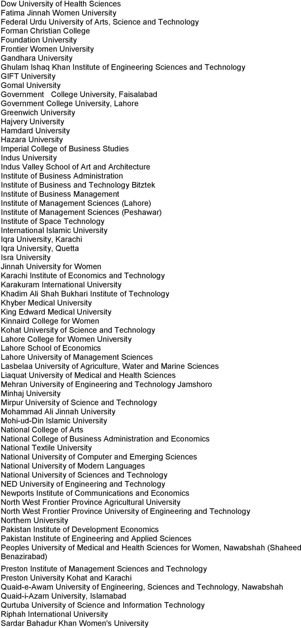 Greenwich University Hajvery University Hamdard University Hazara University Imperial College of Business Studies Indus University Indus Valley School of Art and Architecture Institute of Business