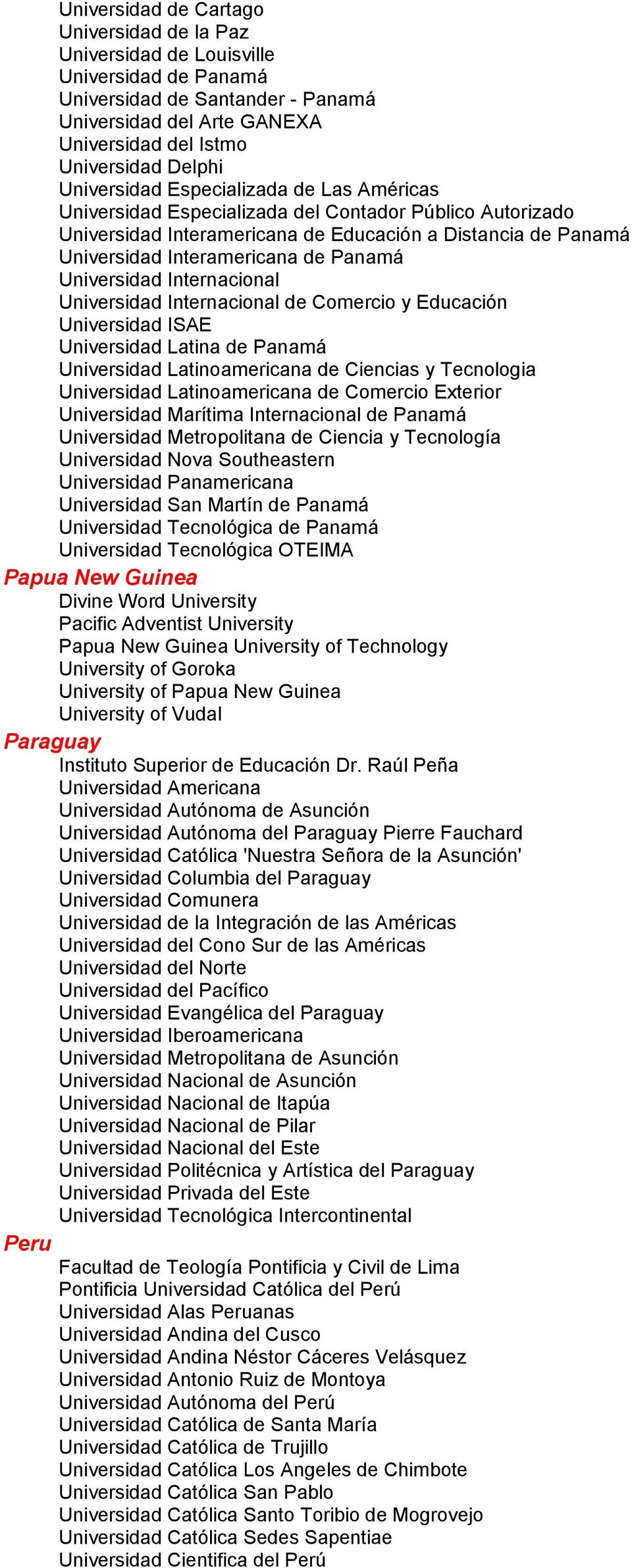 Universidad Internacional Universidad Internacional de Comercio y Educación Universidad ISAE Universidad Latina de Panamá Universidad Latinoamericana de Ciencias y Tecnologia Universidad