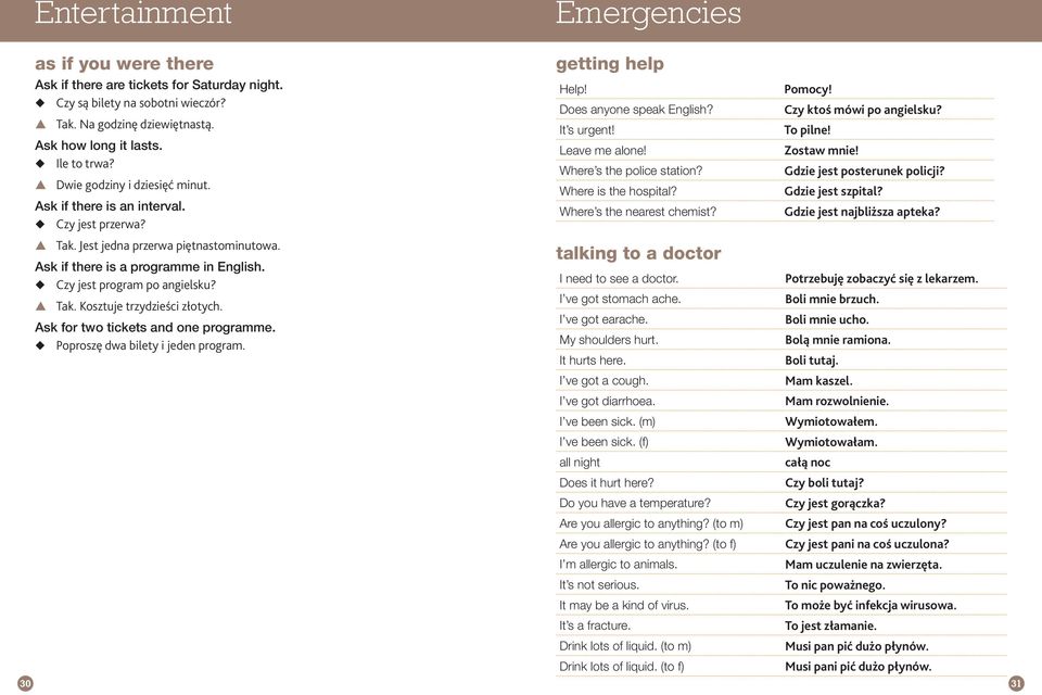 sk for two tickets and one programme. Poproszę dwa bilety i jeden program. getting help Help! Does anyone speak English? It s urgent! Leave me alone! Where s the police station? Where is the hospital?