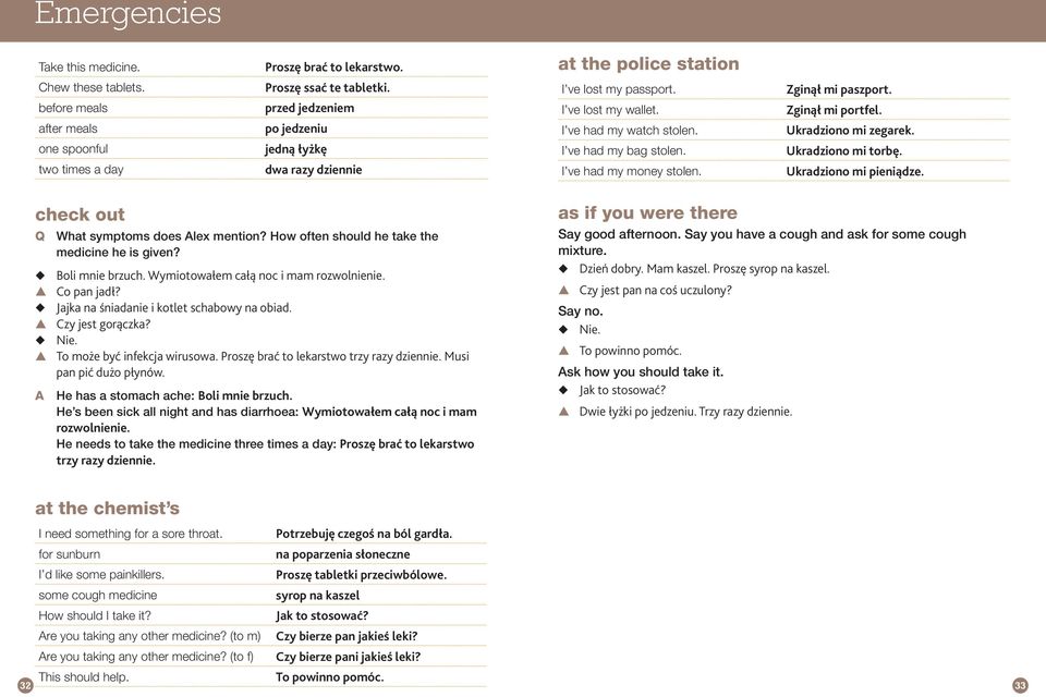 Zginął mi paszport. Zginął mi portfel. Ukradziono mi zegarek. Ukradziono mi torbę. Ukradziono mi pieniądze. What symptoms does lex mention? How often should he take the medicine he is given?