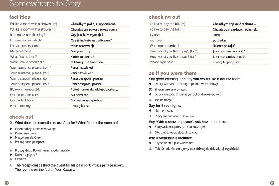 (to m) Your surname, please. (to f) Your passport, please. (to m) Your passport, please. (to f) It s room number 24. On the ground floor. On the first floor. Here s the key. Które to piętro?