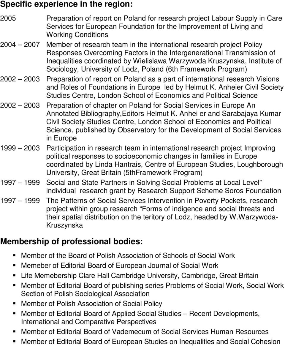 Warzywoda Kruszynska, Institute of Sociology, University of Lodz, Poland (6th Framework Program) 2002 2003 Preparation of report on Poland as a part of international research Visions and Roles of