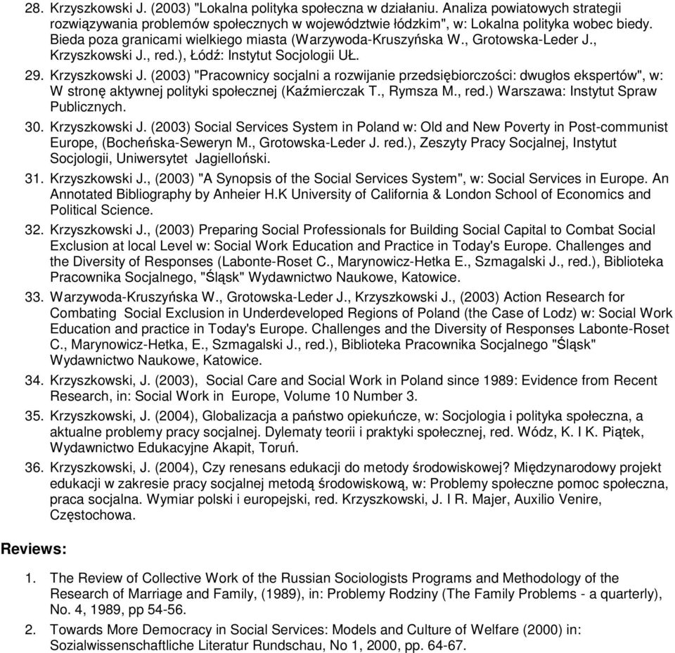 , red.), Łódź: Instytut Socjologii UŁ. 29. Krzyszkowski J. (2003) "Pracownicy socjalni a rozwijanie przedsiębiorczości: dwugłos ekspertów", w: W stronę aktywnej polityki społecznej (Kaźmierczak T.