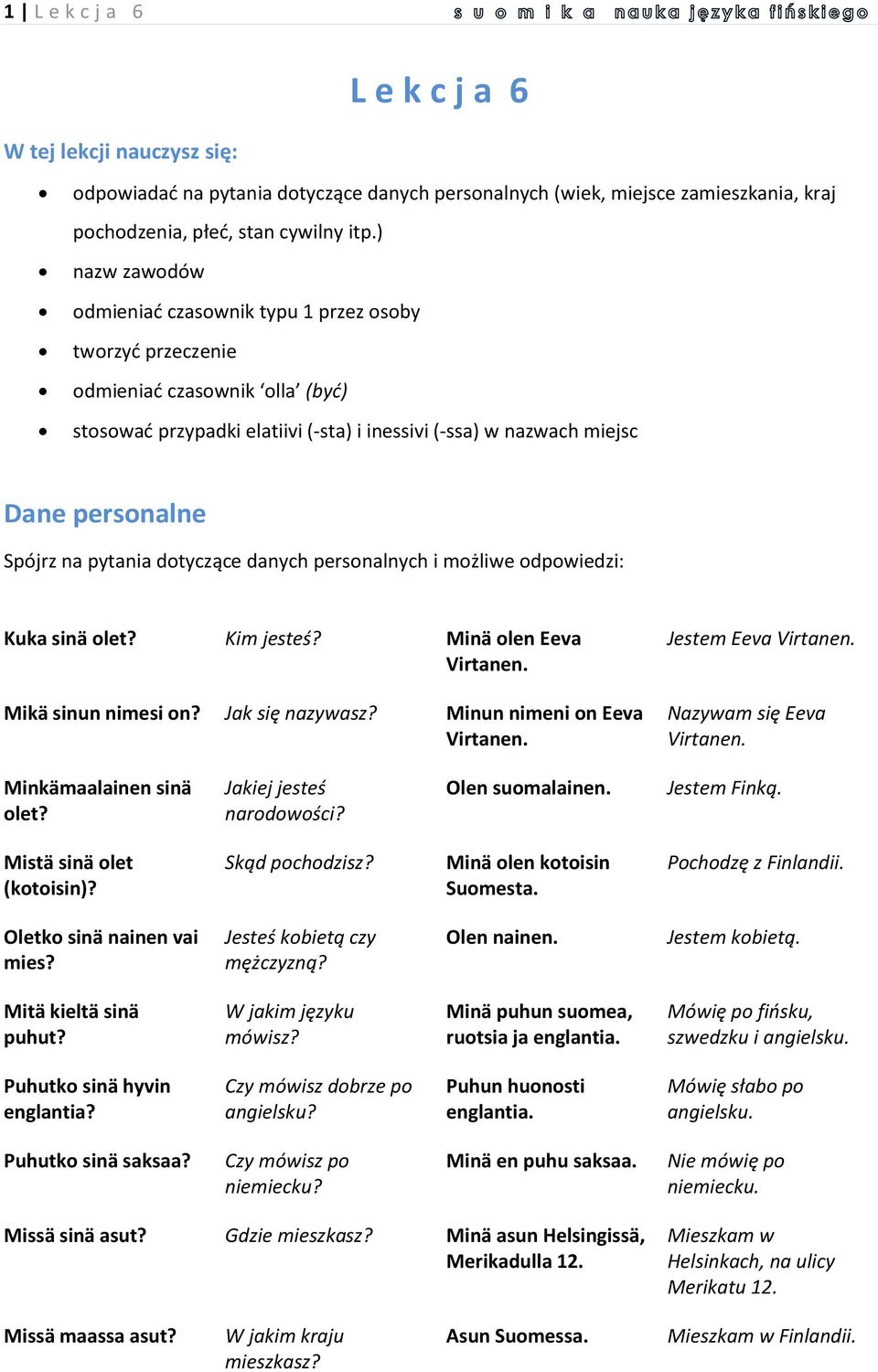 pytania dotyczące danych personalnych i możliwe odpowiedzi: Kuka sinä olet? Kim jesteś? Minä olen Eeva Mikä sinun nimesi on? Jak się nazywasz?