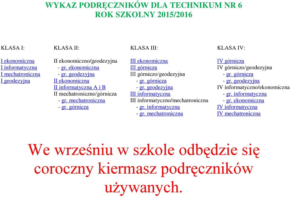 górnicza III ekonomiczna III górnicza III górniczo/geodezyjna - gr. górnicza - gr. geodezyjna III informatyczna III informatyczno/mechatroniczna - gr. informatyczna - gr.