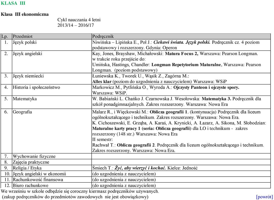 w trakcie roku przejście do: Umińska, Hastings, Chandler: Longman Repetytorium Maturalne, Warszawa: Pearson Longman. (poziom podstawowy) 4. Historia i społeczeństwo Markowicz M., Pytlińska O.
