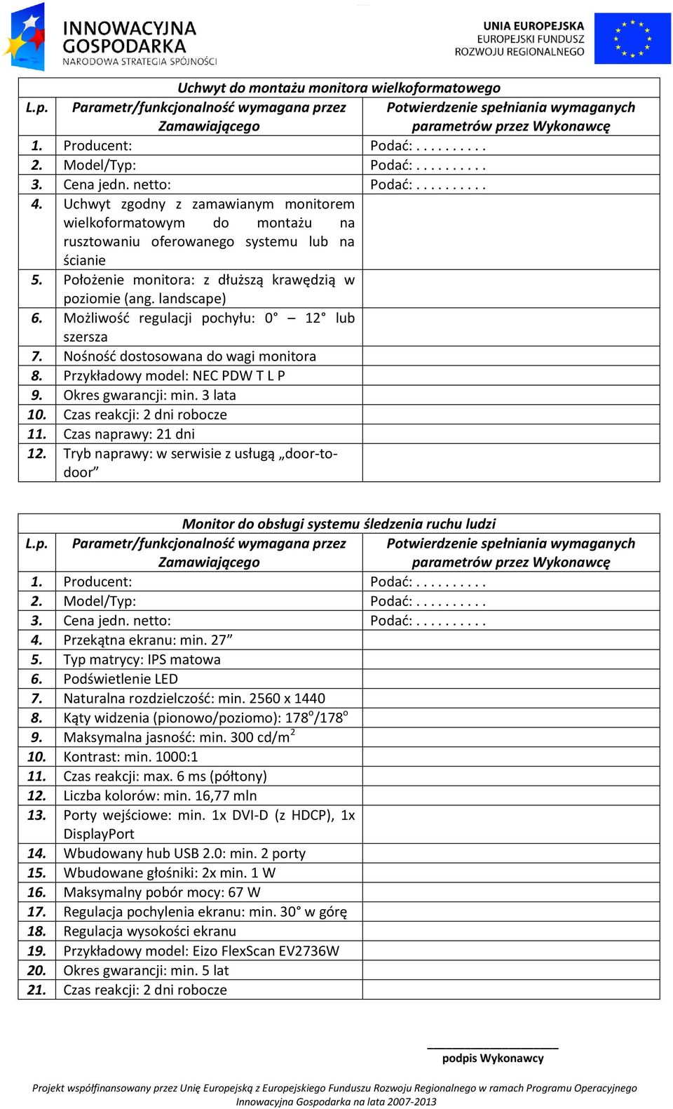 Okres gwarancji: min. 3 lata 10. Czas reakcji: 2 dni robocze 11. Czas naprawy: 21 dni 12. Tryb naprawy: w serwisie z usługą door-todoor Monitor do obsługi systemu śledzenia ruchu ludzi 4.