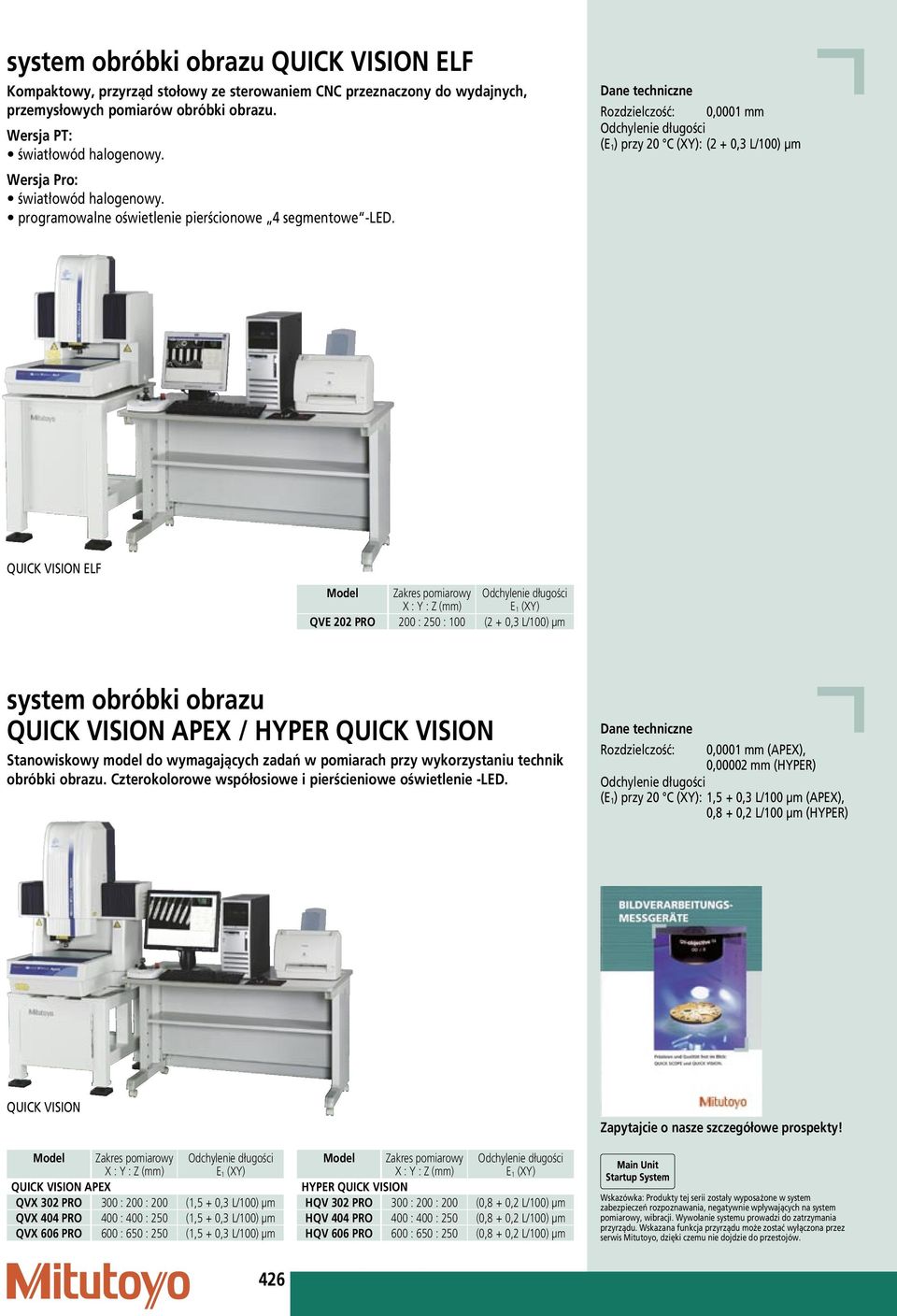 Dane techniczne Rozdzielczość: 0,0001 mm (E 1 ) przy 20 C (XY): (2 + 0,3 L/100) µm QUICK VISION ELF Model Zakres pomiarowy QVE 202 PRO 200 : 250 : 100 (2 + 0,3 L/100) µm system obróbki obrazu QUICK