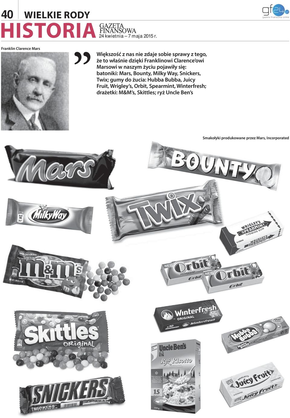 Clarence owi Marsowi w naszym życiu pojawiły się: batoniki: Mars, Bounty, Milky Way, Snickers, Twix; gumy